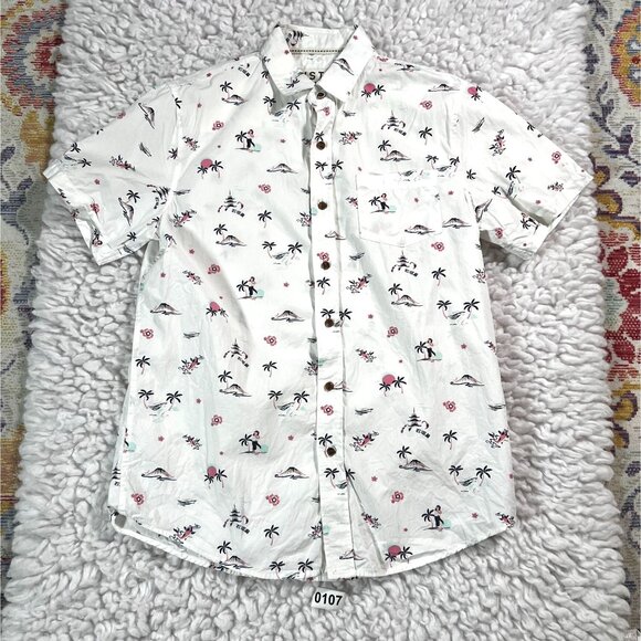 VSTR Premium Mens Hawaiian Shirt S White Pink Palm Tree Pattern 100% Cotton Shor - Picture 1 of 8